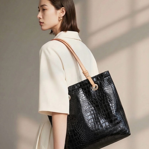 Jessica Elegant Black Tote with Tan Straps - Picture 2 of 11